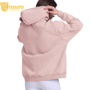 Vente en gros de sweats à capuche de haute qualité, couleur unie, avec impression de logo sur mesure, 100% coton, courts pour femmes - Product Image 4
