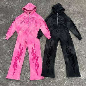 Full Zip up Side Pocket Oversize Sun Faded Vintage Distressed Graphic Print Sweatsuit Full Zip up <b>Hoodie</b> Baggy Tracksuit Women - Product Image 5