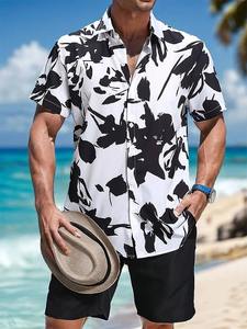 Moda Casual Hombres Terry Twin Set Beachwear Ajuste relajado Traje de dos piezas con camisa estampada y pantalones cortos para vacaciones de verano - Product Image 3
