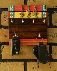 Tribal Borders Warli Hand-Painted Dhokra <b>Key</b> Holder In Sheesham Wood 6 Hooks Mounted Mail Holder for Home Wall Door <b>Key</b> Stand - Product Image 2