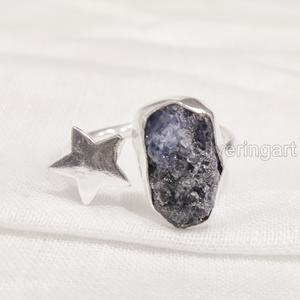 Joyería de piedra en bruto, anillo para mujer, zafiro azul crudo Natural, piedra preciosa, piedra natal de septiembre, anillo de estrella, fiesta, anillo de Plata de Ley 925 - Product Image 4