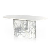 Table de salle à manger ovale en marbre blanc de style italien avec base festonnée en marbre blanc à texture lourde pour intérieur et extérieur