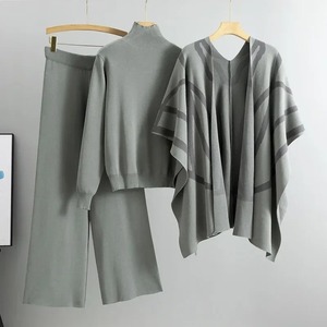 Otoño 2024, conjuntos de 3 piezas de punto para mujer, suéter informal de punto con cuello redondo, Tops y chal, pantalones de pierna ancha de cintura alta, traje - Product Image 6