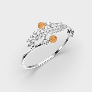 IGI Certified Lab Grown Emerald / Pear & Marquise Diamond Leaf Motif Open <b>Bangle</b> <b>Bracelet</b> in Solid 925 Sterling <b>Silver</b> - Product Image 3