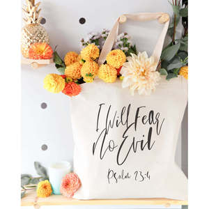 Cotton Canvas Tote Bag Eco-Friendly Medium Beach Bag Heat Transfer Psalm 23:4 Print Jute Material Fear No Evil Striped Pattern - Product Image 5