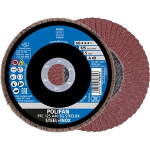 Disques à lamelles coniques POLIFAN SG STEELOX 125 mm en inox, corindon normal, grain 40, lot de 10 - Disques de ponçage PFERD - Product Image 1