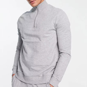 Haute qualité 100% coton hommes fermeture éclair à manches longues polo pantalon ensemble personnalisé décontracté hiver survêtement en français éponge blanc - Product Image 2