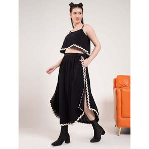 Deebaco Women's Solid Black 2 Piece Co-Ord <b>Set</b> Casual Spring Summer Loose Fit Sleeveless Top With Ruffles Full Length Skirt - Product Image 3