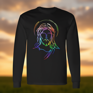 T-shirt a maniche lunghe con viso astratto di Gesù, design con linee arcobaleno in stile tie-dye - Product Image 3