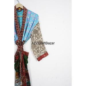 Robe d'été bohème en patchwork, 100% soie, respirante, douce, faite à la main, manches trois quarts, col en V, fermeture à cordon - Product Image 3