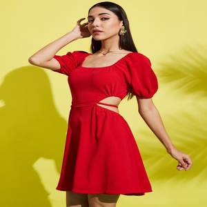 เดรสแขนบานทรงเอไลน์สำหรับผู้หญิงชุดเดรสยาวเหนือเข่าเปิดไหล่ข้างหนึ่ง - Product Image 1