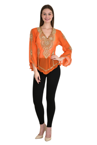 USA 2025 Ladies Modest Blouse <b>Top</b> Hot Selling Long Sleeve Sequin Shirt High Street Hand Embroidered Georgette Vintage Summer - Product Image 3