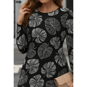Robe courte en crêpe à manches longues et col rond pour femme, 38322 - à motifs - Product Image 2