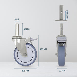 5 Inch 304 Stainless Steel Locking Caster <b>Wheel</b> with Round Stem Brake TPR Rubber Tread for Medical <b>Cart</b> and Bed - Product Image 2