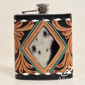 Petaca de whisky de acero inoxidable personalizada de 8oz, bolsillo medio, cuero de vaca genuino, herramientas de diamante, soportes para petacas de whisky - Product Image 1