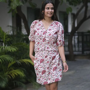 Women's Short <b>Sleeve</b> V Neck Cotton <b>Dress</b> Stylish Floral and Solid Pattern Fit and Flare for <b>Summer</b> and Autumn - Product Image 1
