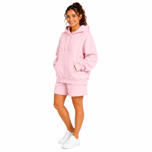Winter Custom Women French Terry Hoodie Shorts <b>Set</b> Eco-Friendly 100% Cotton Solid Regular Fit Drawstring Pocket Sport Gym - Product Image 5