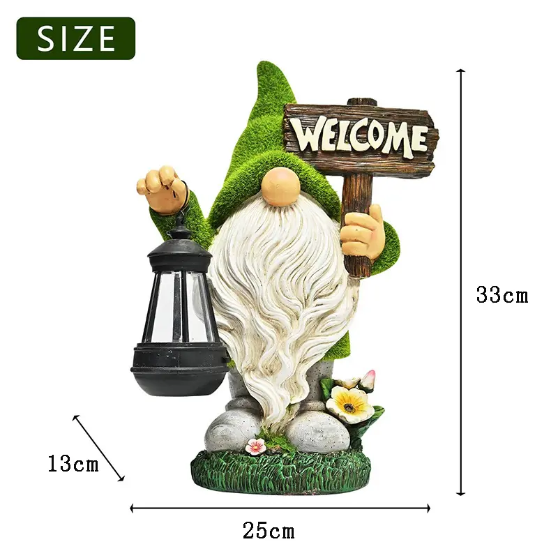 6 MOQ Resin Standbeeld Flocked Elf Holding a Lamp and Holding a Welcome Sign Suitable for Outdoor Aisle Garden Accessories Lamp