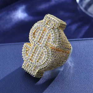 Bague en laiton plaqué or 18 carats avec symbole dollar micro-pavé de zircons, style hip-hop, personnalisable, bijou de créateur pour homme - Product Image 5