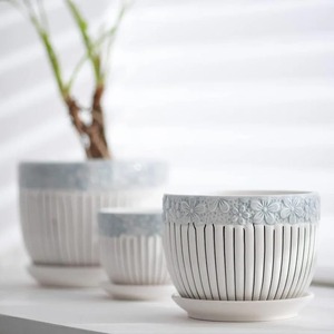 Set of 3 Textured Ceramic Flower Pots with Saucer Cute Indoor and Garden Succulent Planter for Home - Product Image 5
