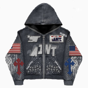 Sudadera con Capucha Personalizada de Estilo Urbano con Pedrería, Estampado, Talla Grande, Felpa Francesa Gruesa, Estilo Vintage, Lavado Ácido, Desgastada - Product Image 4