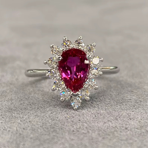 Magnifique argent naturel rouge vif rubis Vs anneau Pigeon sang Halo déclaration fiançailles Mozambique moderne poire bijoux - Product Image 1