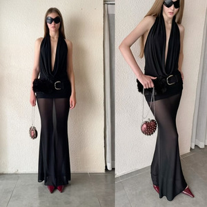 Ensemble <span class=keywords><strong>robe</strong></span> deux pièces sexy S5A20500H pour femme, mini-<span class=keywords><strong>robe</strong></span> <span class=keywords><strong>moulante</strong></span> à dos nu et col licou en V profond avec jupe longue en maille - Product Image 5