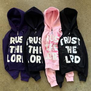 <b>Black</b> Y2k French Terry Streetwear <b>Hoodie</b> Washed Distress Embroidery Zipup <b>Hoodie</b> Cotton Stitch Patchwork Custom <b>Zip</b> <b>up</b> <b>Hoodie</b> - Product Image 4