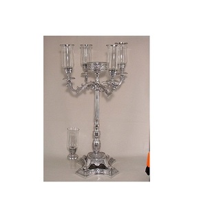 Nickel Plated Finishing Sustainable Quality Dining Tabletop Decoration Embossed Design Metal And Glass 5 Arms Candle Stand - Product Image 1