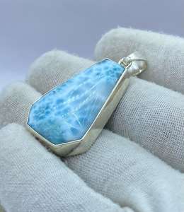 Collier pendentif hexagone en argent sterling 925 Style vintage Larimar bleu géométrique fait à la main pour les femmes cadeau d'anniversaire unique - Product Image 6