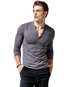 Herren Langarm T-Shirts Slim Fit Deep V Neck