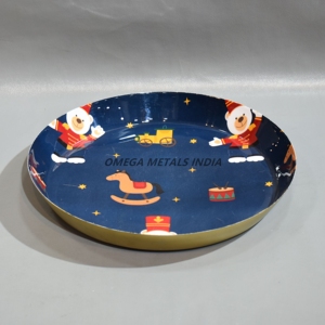 Bandeja decorativa azul moderna con forma redonda e impresiones navideñas coloridas, ideal para servir y exhibiciones festivas - Product Image 2