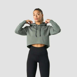 Sweat à capuche court à fermeture éclair intégrale, style épaules tombantes, coupe ample, noir, classique, pour femmes, 55% coton, 45% élasthanne - Product Image 1