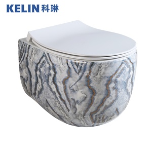 Cuvette de toilettes murale en céramique de luxe à motif marbre, à chasse d'eau tourbillon à haute température, avec abattant à fermeture douce - Product Image 2