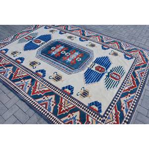 Alfombra turca Vintage clásica azul Beige 7,1X9,4 pies Patchwork patrón abstracto Material de lana látex para pasillo rectangular de vida - Product Image 4