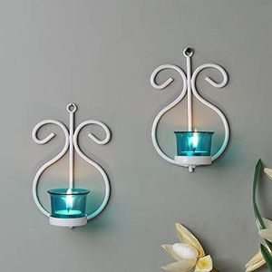 Porte-bougie décoratif en métal blanc avec gobelet en verre bleu pour la décoration murale intérieure, salon de luxe, boutique - Product Image 1