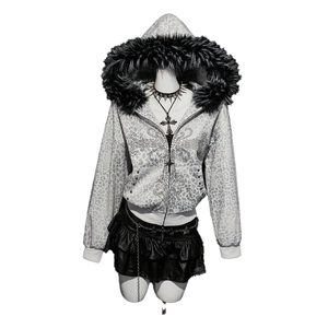 Leopard Rhinestone Zip Up Women's Hoodies Faux Fur Trim Y2K <b>Aesthetic</b> Streetwear Embellished Design Custom <b>Logo</b> OEM ODM Factory - Product Image 1