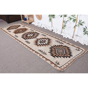 Tapis rustique en laine marron Beige 3.1 X 9.9ft Vintage turc plat tissage Patchwork motif pour salon couloir décorations Latex - Product Image 1