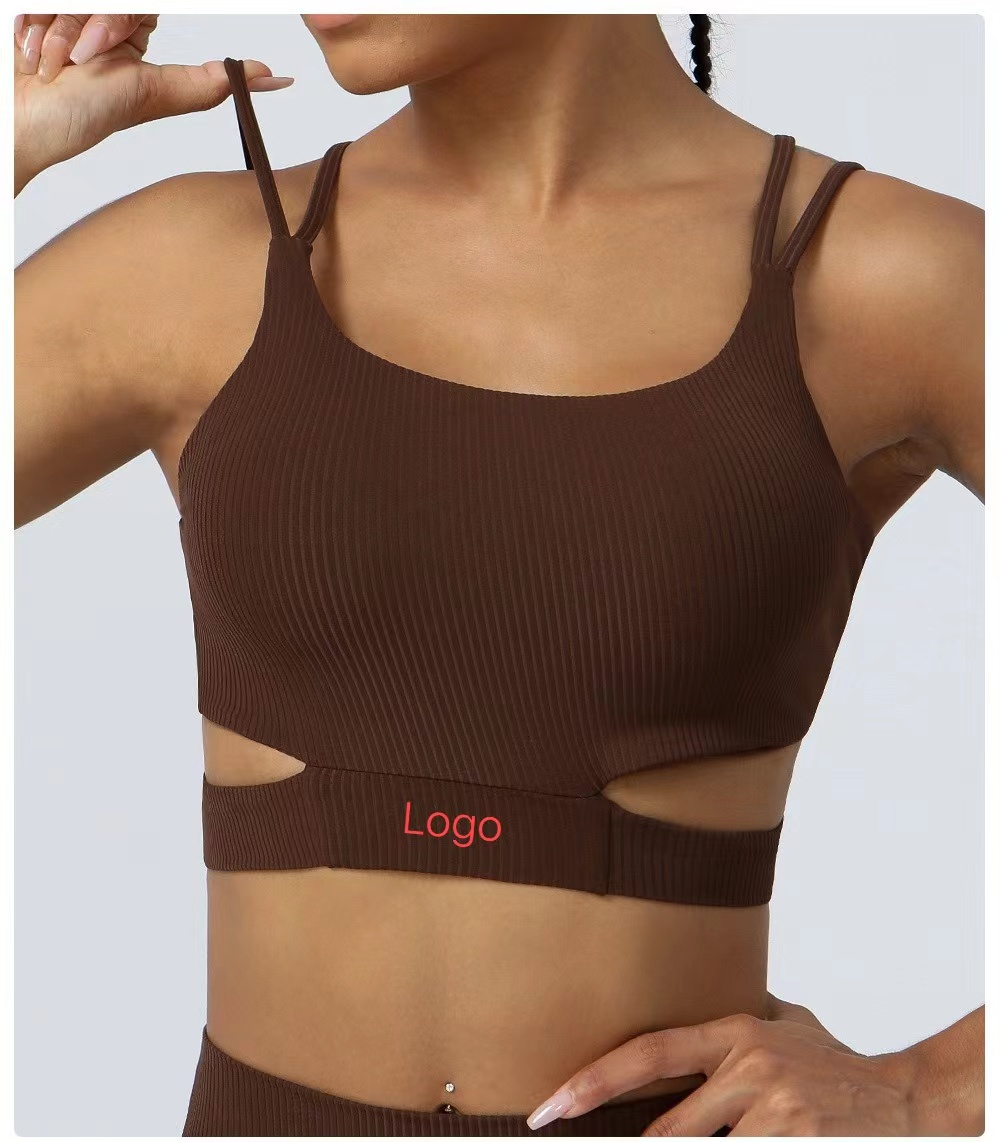Women's Brown Ribbed Cut-Out Sports Bra Scoop Neck Spaghetti Strap Medium Support Breathable Fitness Yoga Wear