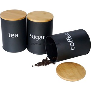 Set of 3 Black Powder Coated Metal <b>Tea</b> <b>Coffee</b> <b>Sugar</b> Container Kitchen Decorative Storage <b>Canister</b> Wooden Lids Foldable Design - Product Image 1