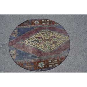 Vintage 4x4ft Turkish <b>Wool</b> Rug <b>Red</b> Blue Patchwork Design Classic Handmade Large Area Rectangle Area Rug Hallway Room Room Rug - Product Image 3