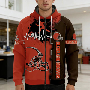 Sweat à capuche zippé pour homme Cleveland, imprimé par sublimation, 100 % coton, coupe classique, rouge-brun, motif casque - Product Image 4