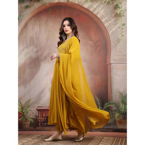 ชุดอานาร์กาลีปักลายมัสตาร์ดสำหรับผู้หญิง พร้อมผ้าคลุมไหล่ ผ้าจอร์เจตต์และผ้าไหม ชุดพื้นเมืองอินเดีย ชุดปากีสถาน ชุดสัลวาร์ - Product Image 2