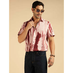 Amanush <b>Men's</b> Nylon Short Sleeve Tie Dye Casual Shirt Red Pink Summer Breathable Turn-down Collar Daily Wear <b>Mens</b> Shirts - Product Image 1