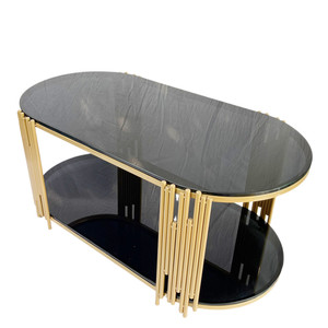 Contemporary Two-Tiered <b>Sofa</b> <b>Table</b> <b>Black</b> Glass Top Gold Painted Frame 100x50x45cm Durable Metal Living Room Furniture-TT68178 - Product Image 1