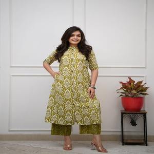 Ethnic Wear Printed Slub Cotton <b>Kurti</b> And Plazzo Manufacturer And Supplier From Surat At Lowest Rate - Product Image 1
