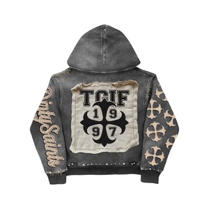 Ensemble en jean délavé pour homme : Veste à capuche oversize et jean baggy 2 pièces brodé, style streetwear Y2K Hip Hop, hiver, poids lourd - Product Image 3