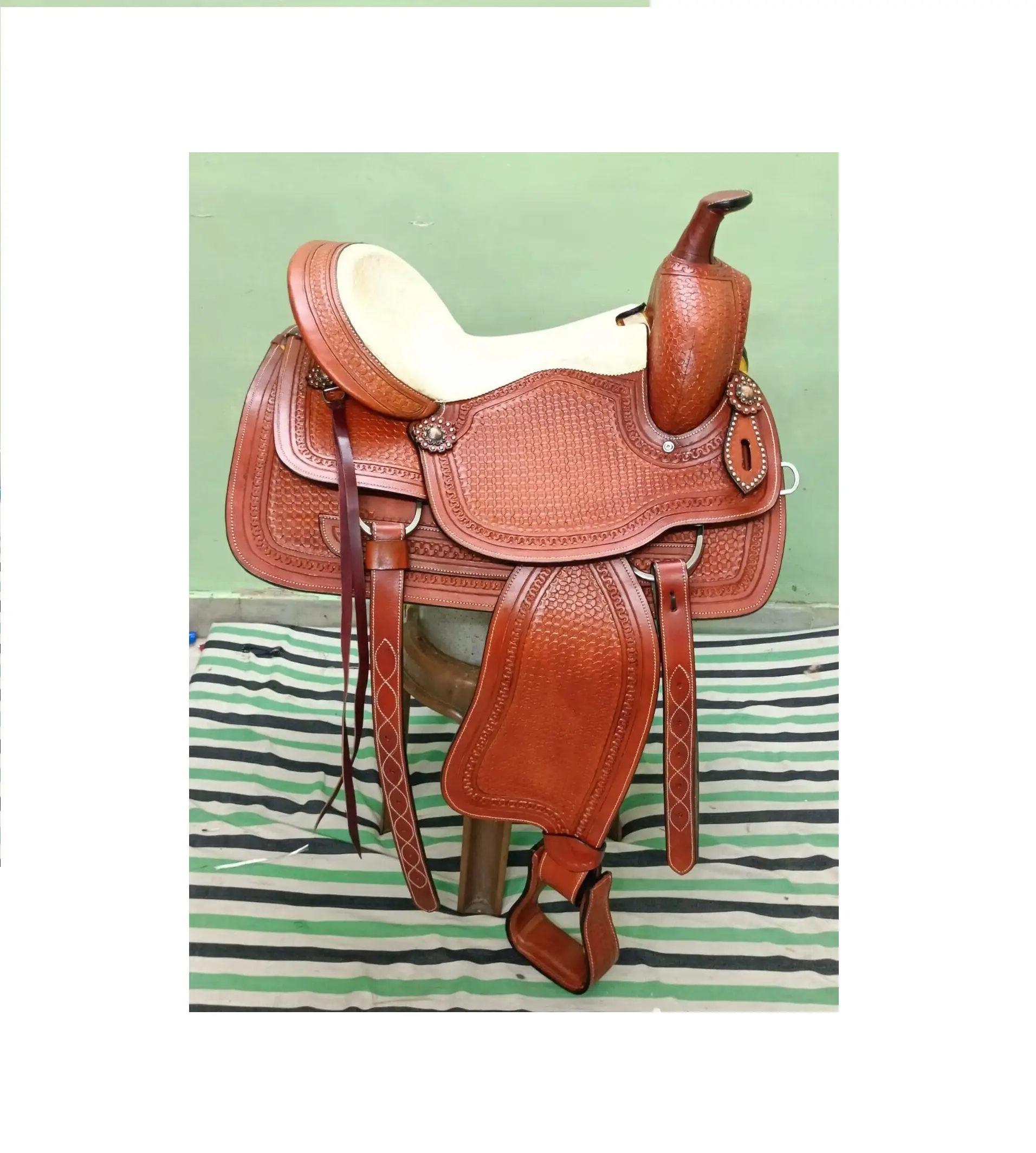 New Western Leather Carved White Seat Trail Pleasure Horse Saddle With Set All sizes Available at Affordable Price