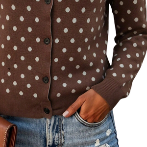 Women Brown Solid Knit <b>Cardigan</b> <b>Sweater</b> Regular Sleeve Button Front Neck Casual Simple Anti-Pilling Top Work Daily Wear Stylish - Product Image 5