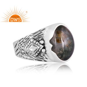 แหวนพลอยมอสสีเขียวธรรมชาติทำด้วยมือสีเงินออกซิไดซ์ทำด้วยมือสำหรับเป็นของขวัญสำหรับผู้หญิง - Product Image 3